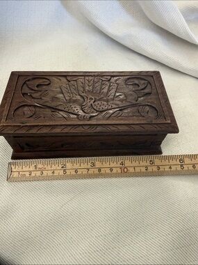 Hand-Carved Wooden Jewelry Box with Peacock Motif 2.75x1.25x5.5 inches